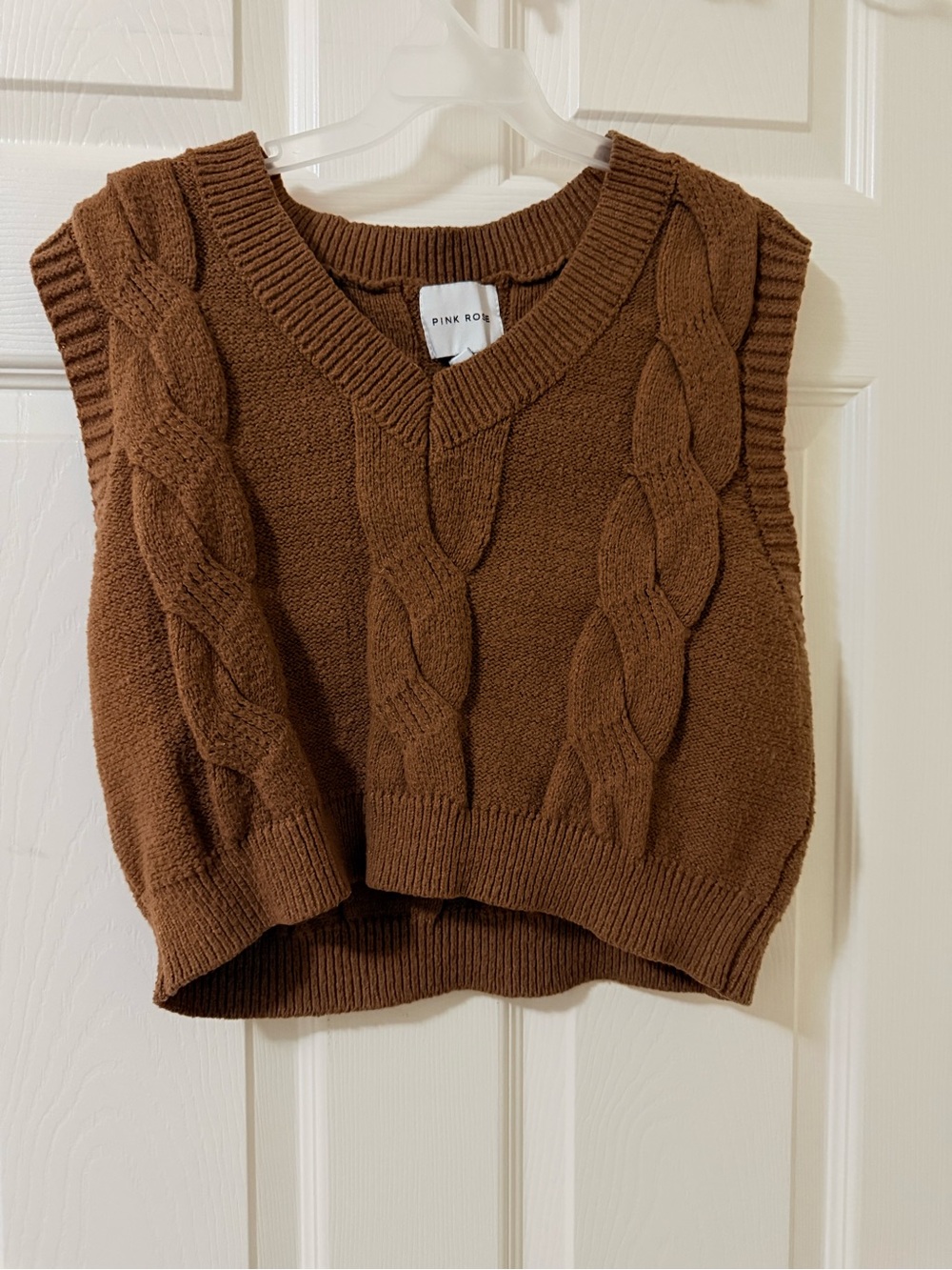 Pink Rose Chocolate Brown Cable Knit V-Neck Sweater Vest